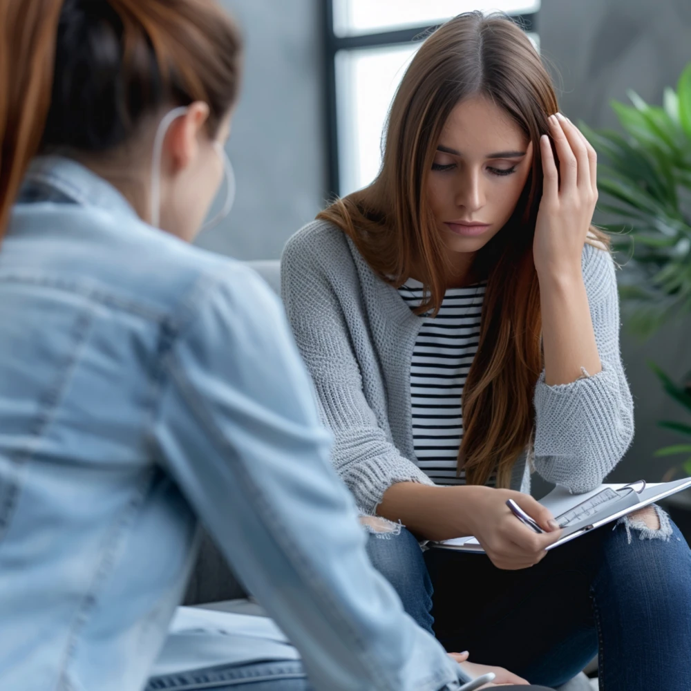 A woman sitting with a therapist